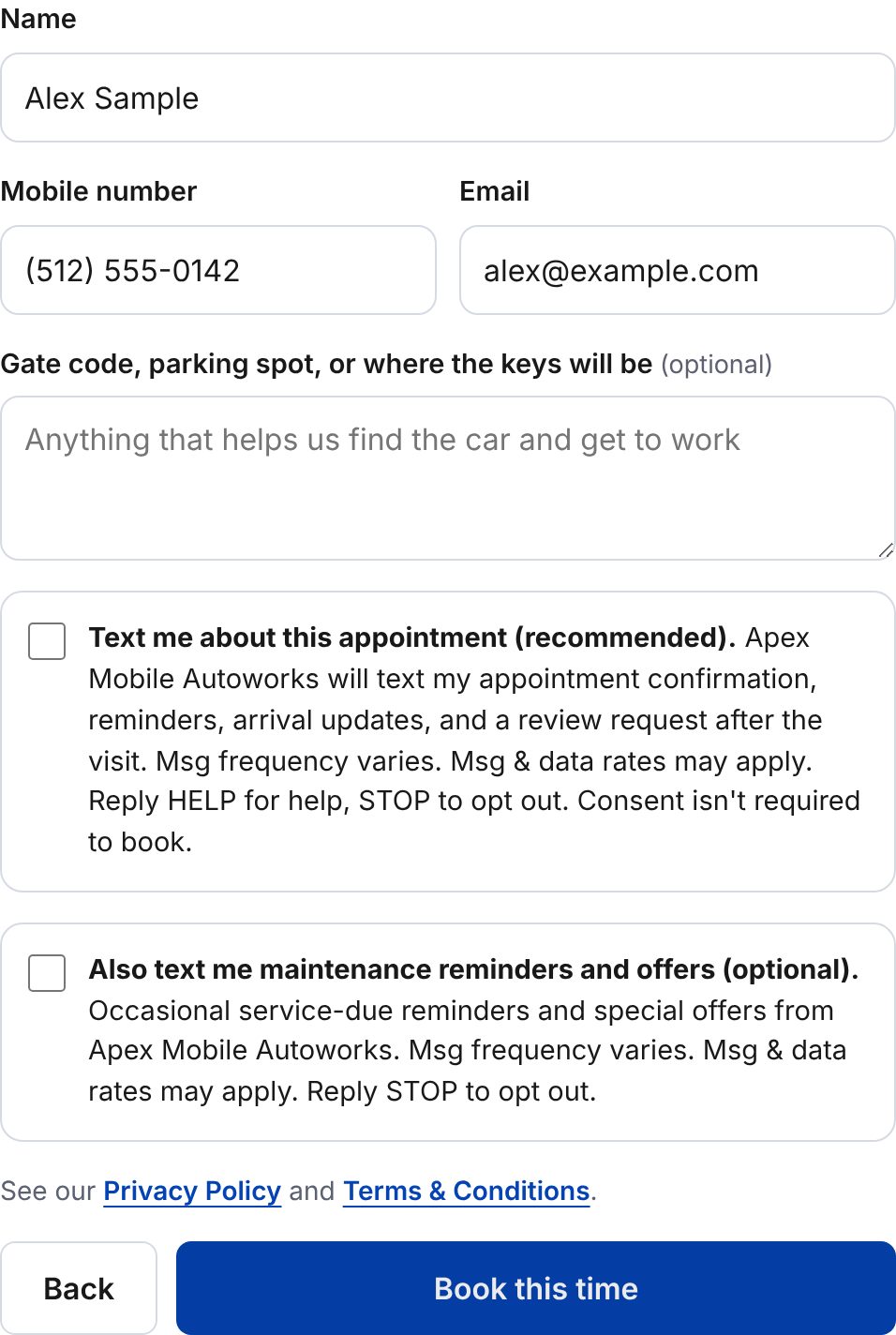 The contact step of the Apex Mobile Autoworks booking form: name, mobile number, and email fields, then two unchecked checkboxes for appointment texts and for maintenance reminders and offers, each with its disclosure, followed by links to the Privacy Policy and Terms & Conditions and the Book this time button.